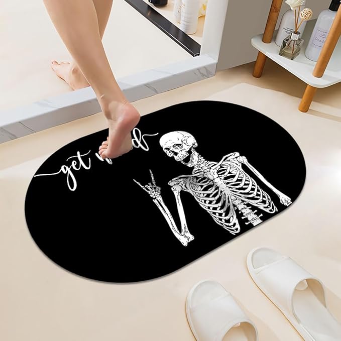 Black Funny Skull Super Absorbent Quick-Drying Bathroom Mat Rug, Rubber Non-Slip Bottoms, Easy to Clean,Ultra Thin Bathroom Rugs Fit Under Door and Bathtub(16×24Inch) - sugar skull car floor mats