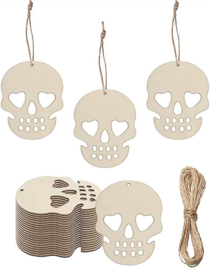 30pcs Mini Skull Wood DIY Crafts Cutouts 2" Blank Wooden Skull Shaped Hanging Tags with Jute Twines for DIY Projects Halloween Party Decorations (Small Size) - sugar skull christmas ornament