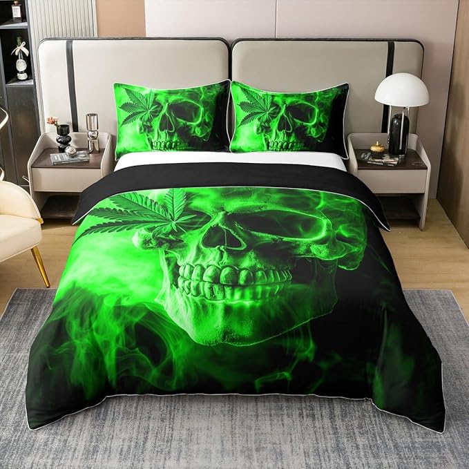 jejeloiu Sugar Skull Bedding Cotton Duvet Cover Set for Bedroom Marijuana Weed Leaf Duvet Cover 100% Cotton Queen Size for Kids Cannabis Leaves Comforter Cover Set Skull Green Bedspread Cover - sugar skull bedding set