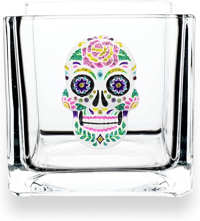 THE QUEENS' JEWELS Sugar Skull Jeweled 4x4 Candle Holder Vase - Unique Gift for Women, Birthday, Cute, Fun, Cocktail, Queen, Not Painted, Decorated, Bling, Bedazzled, Rhinestone - sugar skull candle holder