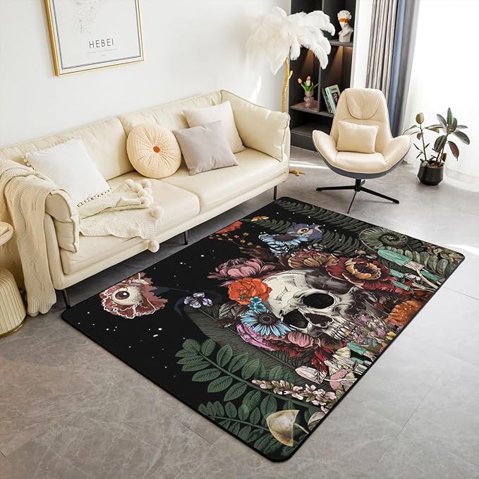 Erosebridal Sugar Skull Area Rug, Botanical Flower Rug for Kids Boys Girls Home Bedroom Decor, Starry Sky Carpet Non Slip, Trippy Galaxy Halloween Gothic Decorative Accent Rug Non Shedding, 5x7 - sugar skull area rug