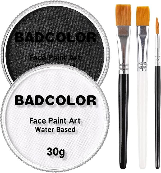 Black & Clown White Face Body Paint with 3Pcs Painting Brushes, Water Based SFX Makeup Palette for Kids & Adults, Non-Toxic Facepaint for Halloween, Cosplay, Costume & Theater - sugar skull makeup kit