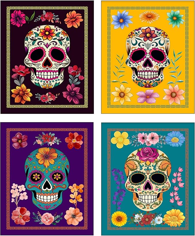 Sugar Skulls Day of the Dead Skeleton Wall Art Set of Four 8x10" Prints Goth Gothic Home Decor - Vintage Human Anatomy Poster - Funny Creepy Scary Artwork - sugar skull poster print