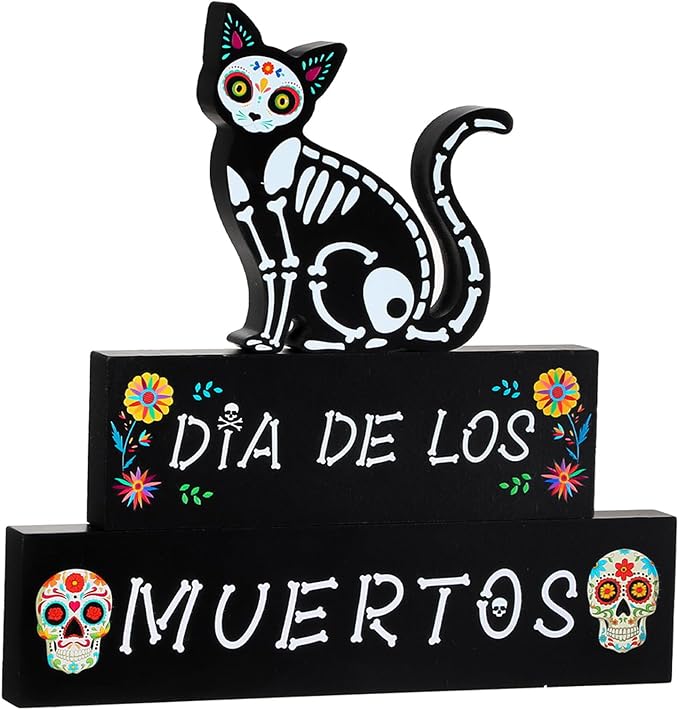 Thyle 3 Pieces Day of the Dead Decorations Dia De Los Muertos Wooden Block Cat Skull sign Centerpiece for Table Halloween Party wood Centerpieces decor Sugar Skull Signs for Mexican Home - sugar skull figurine collectible