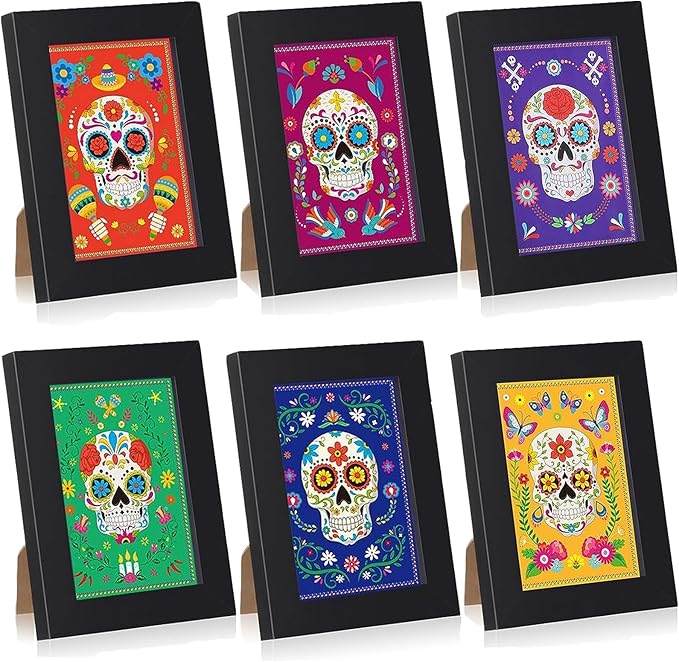 Thyle 6 Pcs Day of The Dead Sugar Centerpieces for Parties Mexican Dia De Los Muertos Frame Decor Sugar Skull Prints with Wooden Frame for Fiesta Living Room Office Home Halloween Party - sugar skull poster print