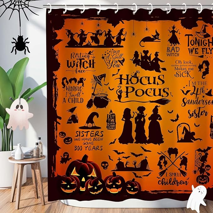 Metawu Halloween Shower Curtain Witch Shower Curtains Sets Witch Bat Spider Web Bathroom Curtain for Kids Waterproof Bathtubs Curtain 72"×72" with 12 Hooks Bathroom Decor - sugar skull shower curtain set