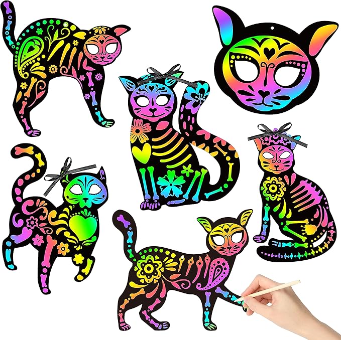 WATINC 60pcs Day of The Dead Scratch Craft Skeleton Cat Art for Kids, Dia De Los Muertos DIY Magic Halloween Scratch Skull Cat Hanging Ornament, Sugar Skeleton Craft Kit Mexican Party Supplies - sugar skull christmas ornament