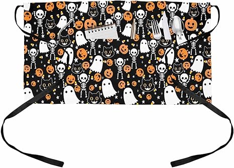 Halloween Server Aprons with 3 Pockets, Orange Pumpkin White Ghost Black Waist Apron Waterproof Half Aprons - sugar skull apron for women