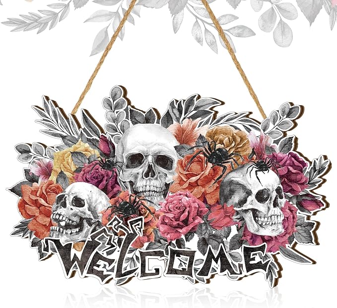 Huwena Halloween Wreaths for Front Door Sign Wooden Skull Rose Door Hanger Decoration Horror Skeleton Welcome Front Wreath Sign for Halloween Indoor Outdoor Decorations Party Supplies - sugar skull wreath for front door