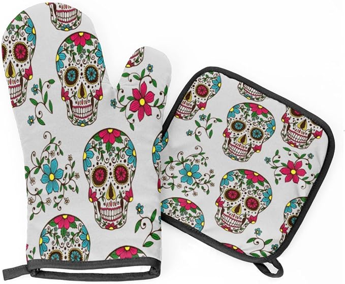 Death Sugar Skull Oven Mitts and Potholders, Non-Slip Heat Resistant Soft Lining Good Grip Oven Mitts Set for Cooking BBQ Baking Kitchen Microwave (2-Piece Set) - sugar skull oven mitts
