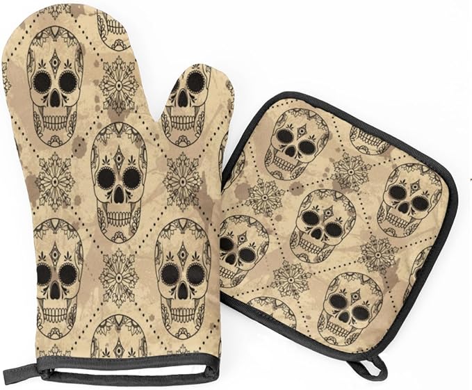 Vintage Sugar Skull Oven Mitts and Potholders, Non-Slip Heat Resistant Soft Lining Good Grip Oven Mitts Set for Cooking BBQ Baking Kitchen Microwave (2-Piece Set) - sugar skull oven mitts