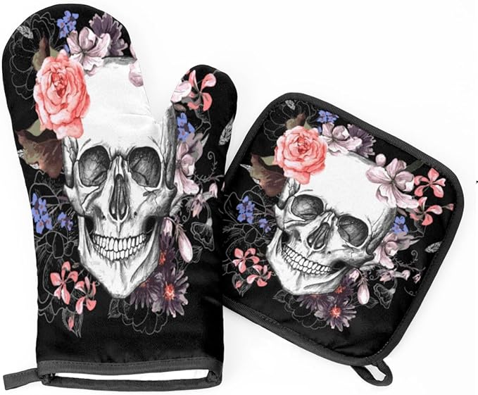 Death Sugar Skulls Oven Mitts and Potholders, Non-Slip Heat Resistant Soft Lining Good Grip Oven Mitts Set for Cooking BBQ Baking Kitchen Microwave (2-Piece Set) - sugar skull oven mitts