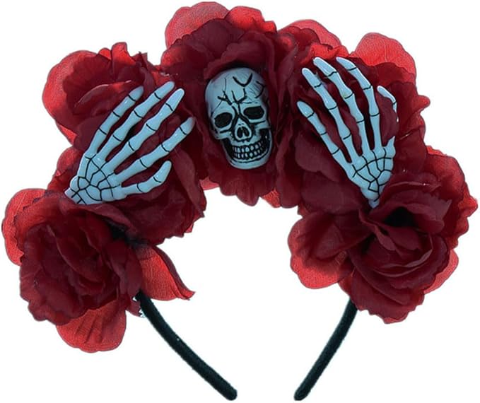 Women's Bohemian Rose Flower Headband Halloween Party Ghost Festival Headband Skeleton Head Mesh Hair Hoop - sugar skull flower crown