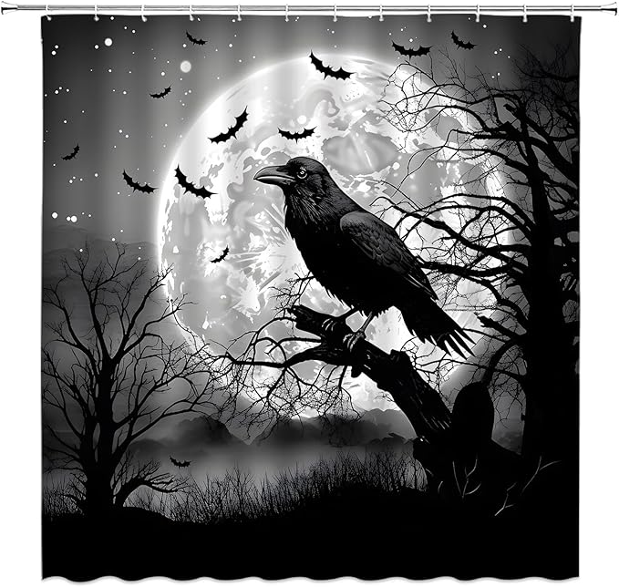 Halloween Shower Curtain Black Crow Bats in Creepy Full Moon Night Gothic Horror Scary Spooky Mysterious Fabric Decorative Bathroom Curtains with Hooks,Gray Black - sugar skull shower curtain set