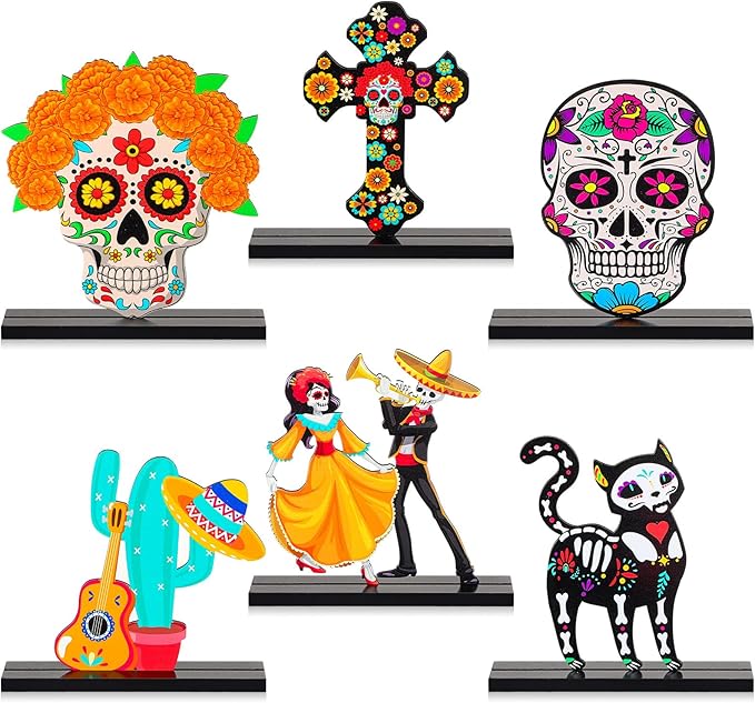 Thyle 6 Pcs Day of The Dead Decorations Dia De Los Muertos Wooden Table Centerpiece Sugar Skull Dancing Ghost Tabletop Signs for Mexican Fiesta Halloween Party - sugar skull figurine collectible