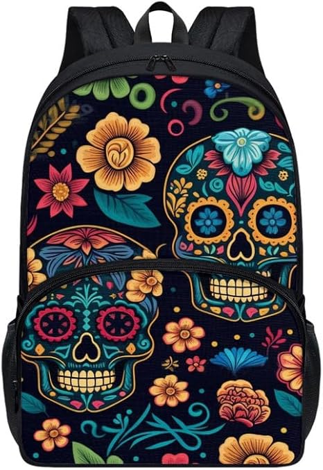 Floral Mexico Sugar Skulls Youth Schoolbag Mexico Day Of Dead Middle School Daypacks 17" Boys Girls Kawaii Flowers Backpack College Design Bookbag - best sugar skull backpack