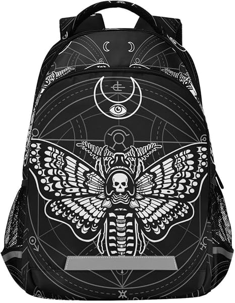 Laptop Backpack with Chest Strap, Gothic Black Skull Moth School Backpack, Travel Hiking Backpack for Boys Girls Teen Adult, Rucksack, Knapsack - best sugar skull backpack