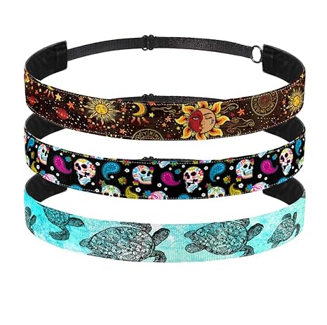WIRESTER Set of 3 Elastic Fashion Headbands, Adjustable Hair Bands, Cute Non-Slip Hair Accessories for Women Girls - Sea Turtle, Celestial Sun Moon And Stars, Colorful Sugar Skulls - sugar skull flower crown