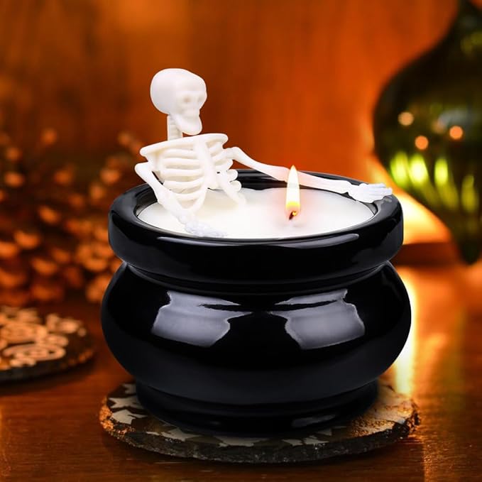 Skeleton Candle Halloween Decorations Indoor, Gothic Vintage Fall Home Decor for Farmhouse Room Apartment Table Desk, Gag Birthday White Elephant Gifts Witchy Gifts for Women Men Friends - sugar skull candle holder