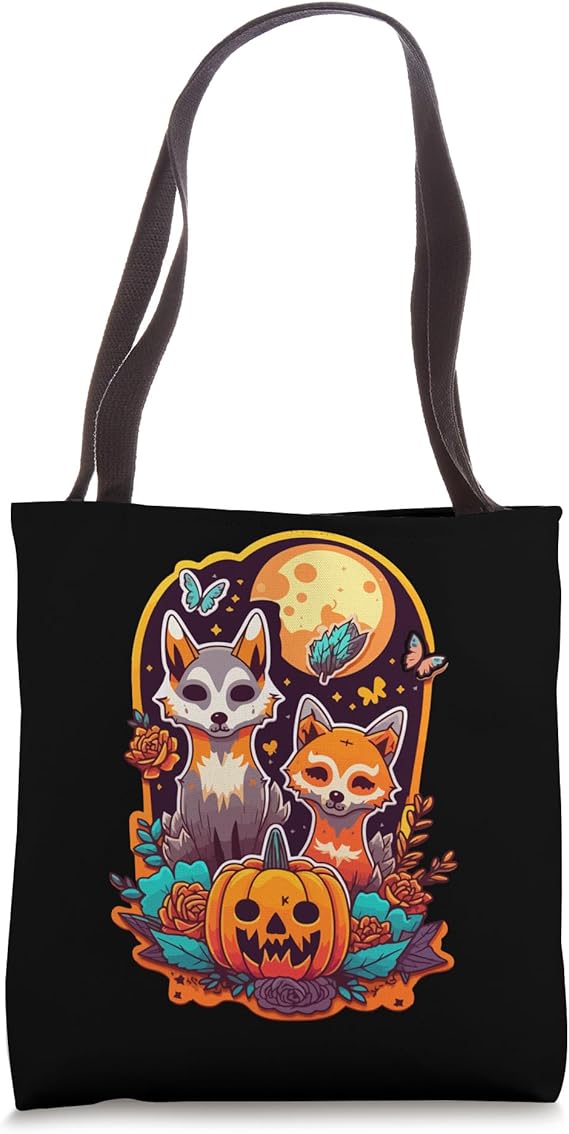 Sugar Skull Wolf Fox Cute Trick-or-treat Anime Halloween Tote Bag - canvas sugar skull tote bag