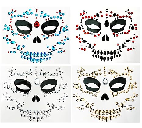 4-Pack Day Of The Death Face Gems,Halloween Temporary Face Tattoos, Rhinestone Face Jewels Stickers - sugar skull vinyl sticker