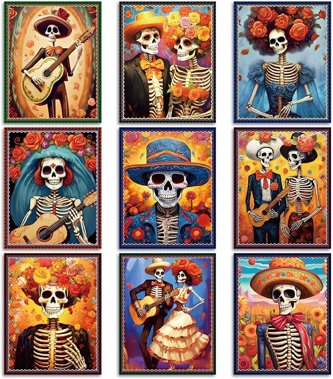 Adduster Day of The Dead Poster - 9 Piece Day of the Dead Decorations Sugar Skull Wall Art Sugar Skull Art Print for Mexico Day Day of the Dead Halloween Wall Decor Living Room Decor - sugar skull poster print