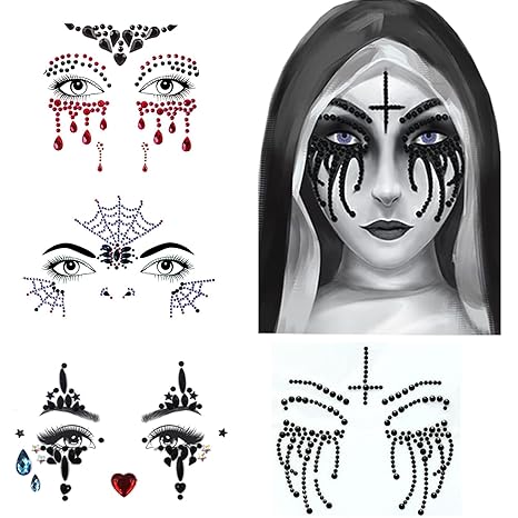 Halloween Face Gems Jewels,Day of the Dead Skull Spider Web Clown Rhinestone Face Tattoo Stickers for Men Women Kids Halloween Cosplay Makeup - sugar skull temporary tattoo