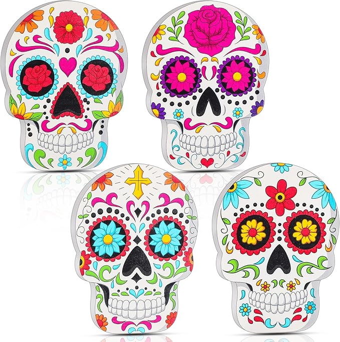 Thyle 4 Pieces Day of The Dead Sugar Skull Table Decorations Mexican Dia de Los Muertos Wooden Sugar Skull Signs Halloween Skull Centerpiece for Table Room Decor for Party Home - sugar skull christmas decorations