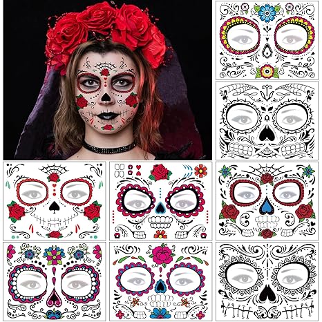 Day of the Dead Face Tattoos - 8 Sheets Halloween Temporary Tattoos Face Stickers Kit Día de Los Muertos Glitter Red Roses Skeleton Sugar Skull Fake Tattoo for Halloween Makeup on Face Body - sugar skull makeup kit