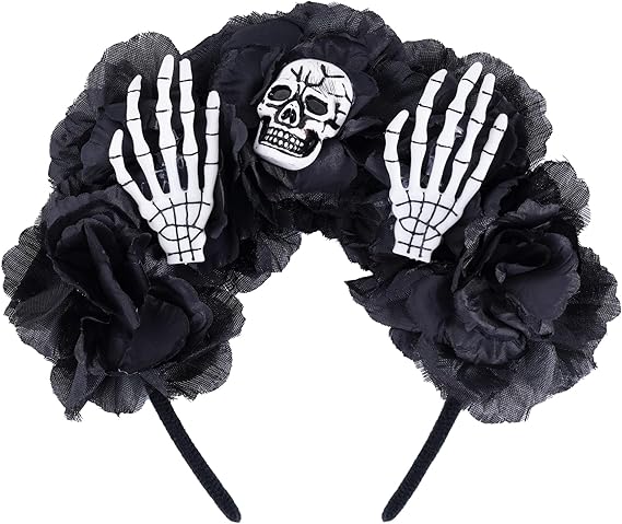 hoyuwak Halloween Headband Black Flower Hair Accessories Skull Hairband Day of the Dead Headpiece Headwear for Women Girl Decor - sugar skull flower crown