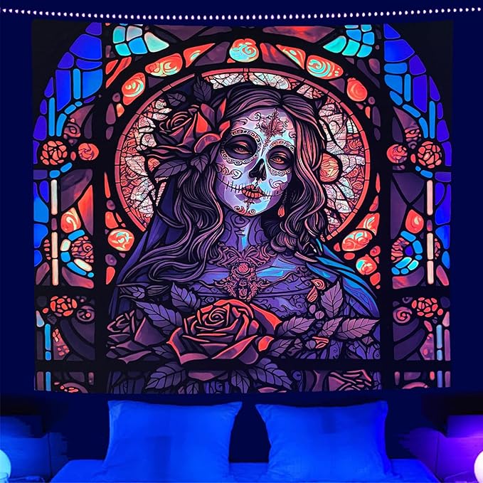 RILACON Day of The Dead Black Light Reactive Tapestry Rose Suger Skull Wall Hanging Tapestry Glow in the Dark Church Skeleton Poster Trippy Wall Art Decor for Bedroom Living Room - sugar skull nail art