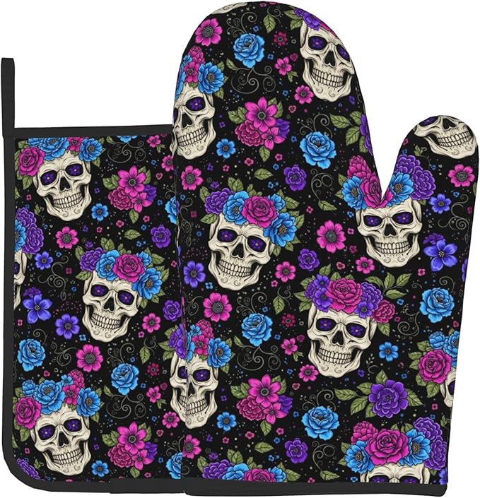 Day of The Dead Purple Sugar Skulls Oven Mitts and Pot Holders High Heat Resistant Oven Mitts with Oven Gloves and Hot Pads Potholders for Kitchen Cooking BBQ Non-Slip Cooking Mitts - sugar skull oven mitts