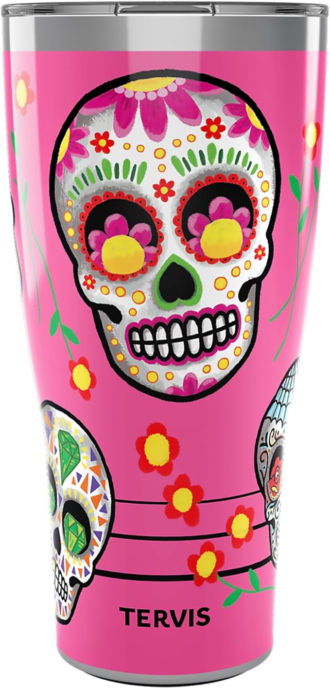 Tervis Traveler Sugar Skulls Triple Walled Insulated Tumbler Travel Cup Keeps Drinks Cold & Hot, 30oz, Stainless Steel, 20oz - sugar skull tumbler with straw