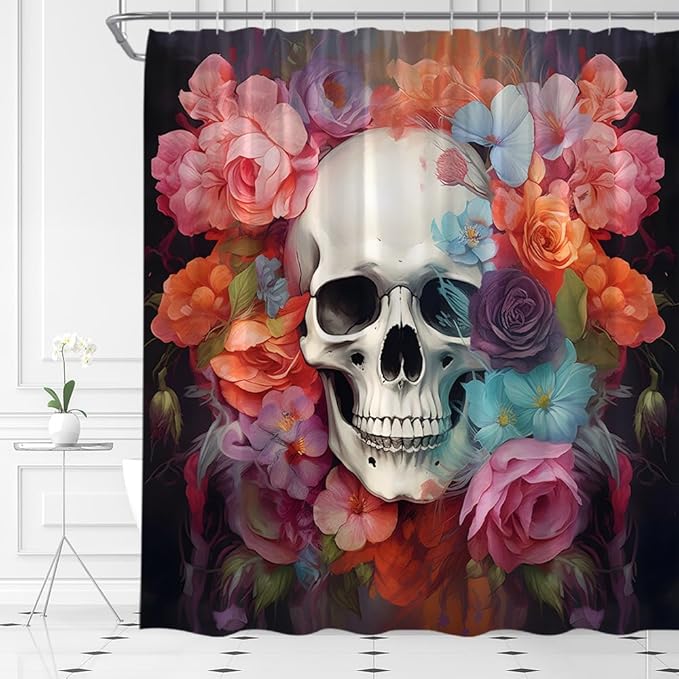 Sugar Skull Shower Curtain Gothic Halloween Watercolor Vintage Floral Spooky Skeleton Skull Horror Fabric Bathroom Decor Set with Hooks(70" WX70 H) - sugar skull shower curtain set