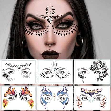 9 Pack Face Eye Makeup Tattoo Sticker Waterproof Black Lace Eye Face Temporary Tattoo for Women Girls Halloween Christmas Masquerade Party (Mixed Color(6 Style)) - sugar skull temporary tattoo