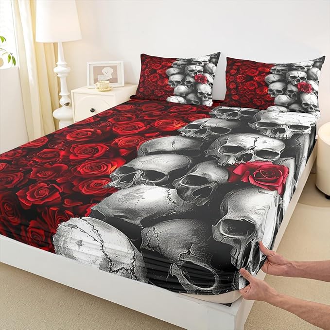 Red Rose Fitted Sheet Queen Size Sugar Skull Bedding Set Kids Girls Boys Adult Room Decor Gothic Style Flowers Botanical Bed Sheet 3Pcs Red Black Grey All Season Deep Pocket Sheet,2 Pillowcase - sugar skull throw pillow