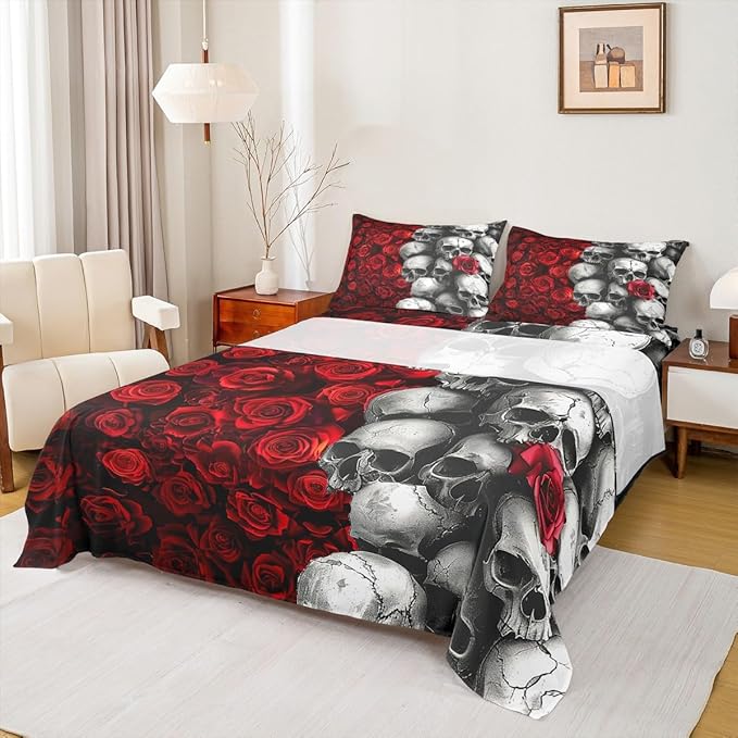 Red Rose Sheet Sets King Size Sugar Skull Bedding Set Kids Girls Boys Adult Room Decor Gothic Style Flowers Botanical Bed Sheet 4Pcs Red Black Grey All Season Fitted + Flat Sheet,2 Pillowcase - sugar skull bedding set
