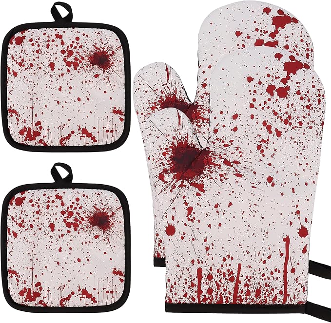 Lucleag 4 Pieces Halloween Oven Mitts and Pot Holders Set, Bloody Halloween Oven Mitts & Potholders Heat Resistant Non Slip Cooking Gloves for Halloween Party BBQ Cooking Baking Grilling - sugar skull oven mitts