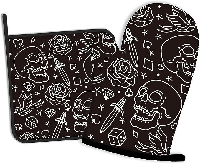Skull Head with Rose Oven Mitts and Pot Holders Kitchen Cooking Gloves 2 Pcs Set Heat Resistant Pad for Baking BBQ Home Decor - sugar skull oven mitts