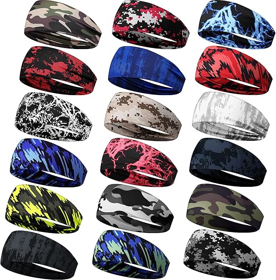 18 Pcs Sports Sweatbands for Men Women Camo Headbands Workout Non Slip Headbands Breathable Head Band Fitness Stretchy Unisex Hairband for Yoga Running Cycling Ball - sugar skull flower crown