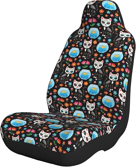 Day of The Dead Black cat Rose Sugar Skull Skeleton Car Seat Covers Machine Washable Universal Car Seat Covers Waterproof Bucket Seat Cover for Car, SUV & Truck - sugar skull car seat covers set