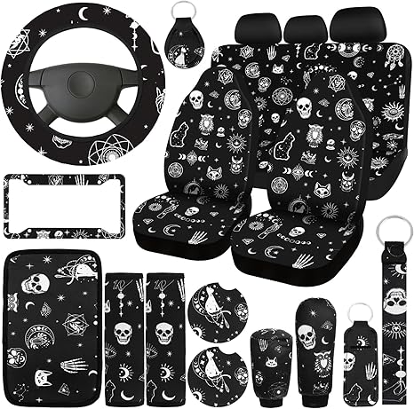 Estune 19 Pcs Skull Cat Moon Car Seat Covers, Full Set Accessories Steering Wheel Cover Front Rear Headrest Armrest Belt Cup Holder Keychains Wrist Strap for SUV LAN-Estune-869 - sugar skull car seat covers set