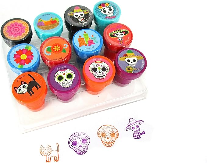TINYMILLS Day of The Dead Stamp Set – 12 Pcs Self-Inking Stamper Kit with Sugar Skull & Floral Designs Día de Los Muertos Party Favors, Classroom Prizes, Craft Supplies, Non-Candy Goodie Bag Fillers - sugar skull vinyl sticker