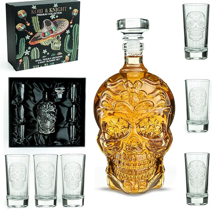 Skull Tequila Decanter Set - Handmade Glass Skull Liquor Decanter with 6 Shot Glasses - Tequila Set in Gift Box - Creative Tequila Party, Bar Decorations - Cool Tequila Gifts - sugar skull wine glass