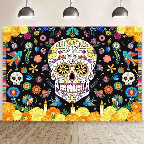 MEHOFOND 7x5ft Day of The Dead Backdrop Sugar Skull Dia De Los Muertos Photography Background Mexican Fieasta Marigold Candle Floral Dress up Festival Party Decor Cake Smash Banner Photo Studio Props - sugar skull poster print
