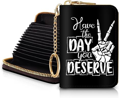 RFID Credit Card Holder Wallets for Women, Skull Skeleton Hand Peace Sign Small Card Case Wallet with Keychain and Zipper, Leather Card Holder Pocket Business Card Accordion Wallet - sugar skull wallets for women