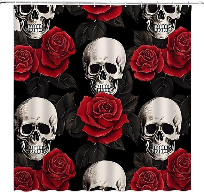 Sugar Skull Shower Curtain Halloween Gothic Red Rose Flower Skeleton Spooky Fabric Bathroom Decor Set with Hooks（70" WX70 H） - sugar skull shower curtain set