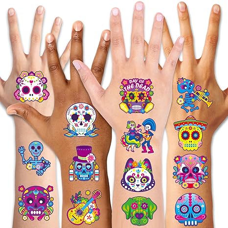 96PCS Day of the Dead Sugar Skull Face Tattoos Colorful Cute Halloween Temporary Tattoos for Kids Boys Girls Mexican Cosplay Halloween Party Favor Supplies - sugar skull temporary tattoo