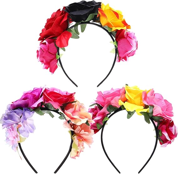 WILLBOND 3 Pcs Mexican Rose Flower Crown Headband Easter Mardi Gras Headpiece Cosplay Headgear for Party - sugar skull flower crown