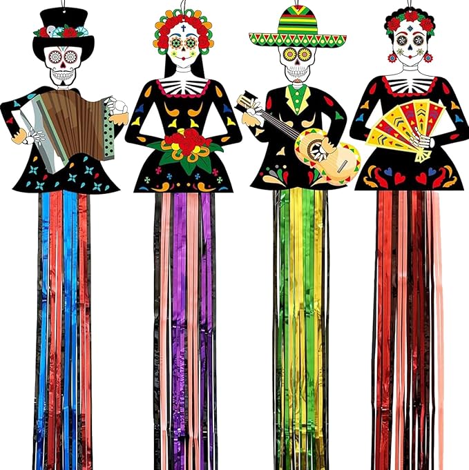 4 Pcs Day of The Dead Decor, 3.65 Ft Dia De Los Muertos Decorations Hanging Sugar Skull Decor for Mexican Day of The Dead Ofrenda Altar, Halloween Christmas Outdoor Indoor Home Yard Decor - sugar skull christmas decorations